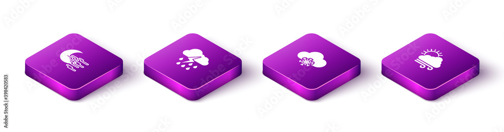 Set Isometric Fog and moon, Cloud with rain lightning, snow and Windy weather icon. Vector. Set Isometric Fog and moon, Cloud with rain lightning, snow and Windy weather icon. Vector.