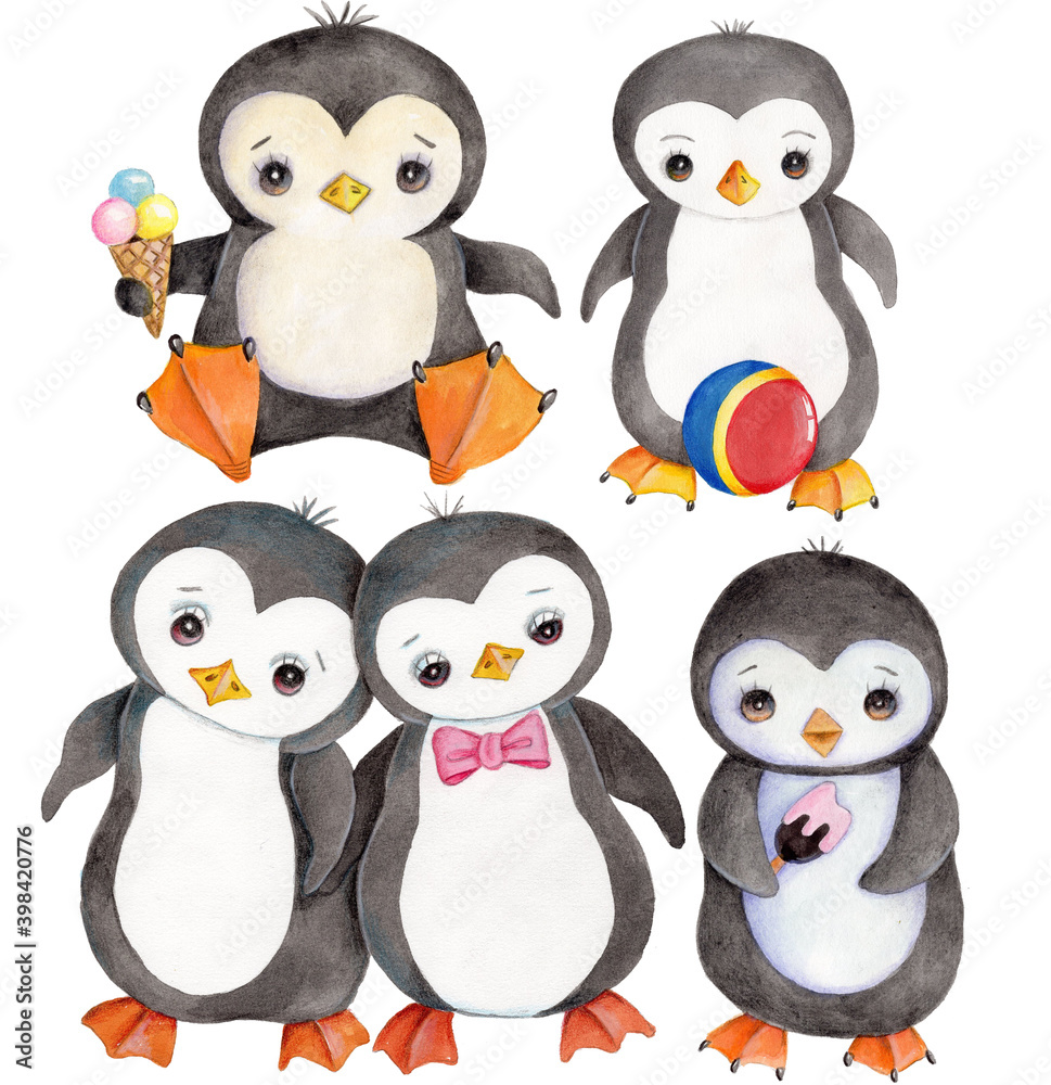 Fototapeta premium Cute cartoon little penguins set , watercolor hand drawn art, illustration, icon. Isolated on white background.
