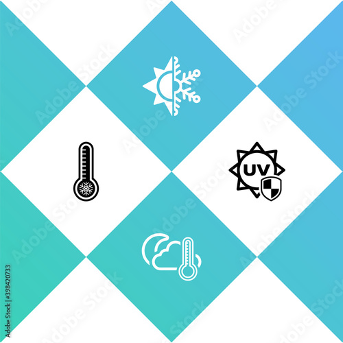 Set Meteorology thermometer, Thermometer and cloud, moon, Sun snowflake and UV protection icon. Vector.