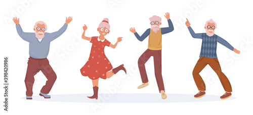 Old dancing people. An elderly man and woman senior age person dance. Happy active elderly couple on music party together and singly. Dancers grandmother and grandfather cartoon vector