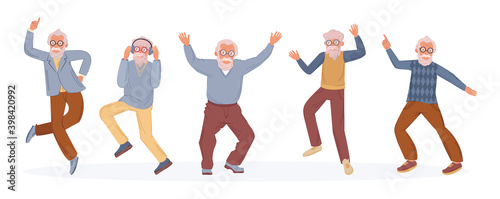 Old dancing people. An elderly man senior age person dance. Happy active elderly couple on music party together and singly. Dancers grandfather cartoon vector