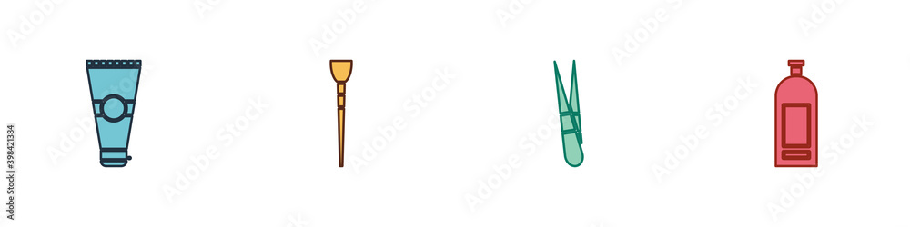 Set Lotion cosmetic tube, Makeup brush, Eyebrow tweezers and Bottle of shampoo icon. Vector.