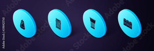 Set Isometric Trash in garbage cans sorted, Paper glass, Stop plastic pollution and Bottle for dishwashing liquid icon. Vector.