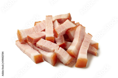 Heap of bacon slices isolated on white background