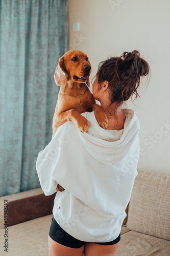 The woman of the house keeps a dog in her arms, the breed English Cocker Spaniel