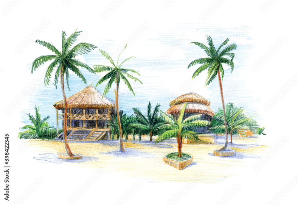 Bungalow by the sea under palm trees. Illustration with colored pencils