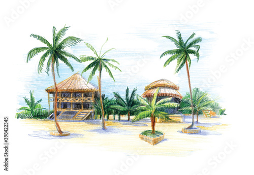 Fototapeta Naklejka Na Ścianę i Meble -  Bungalow by the sea under palm trees. Illustration with colored pencils
