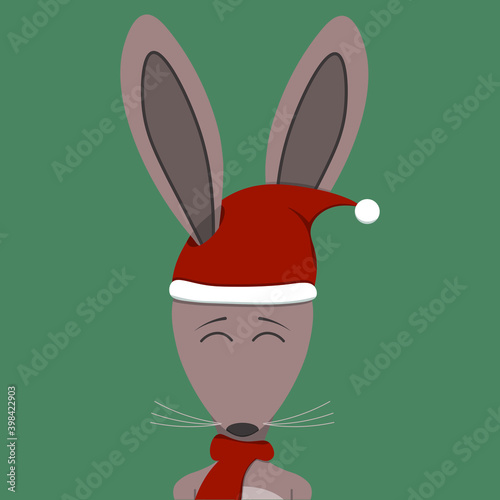 Christmas vector isolated hare with Santa hat on a green background