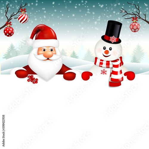 Christmas greeting card with Santa claus and Snowman holding white blank banner.
