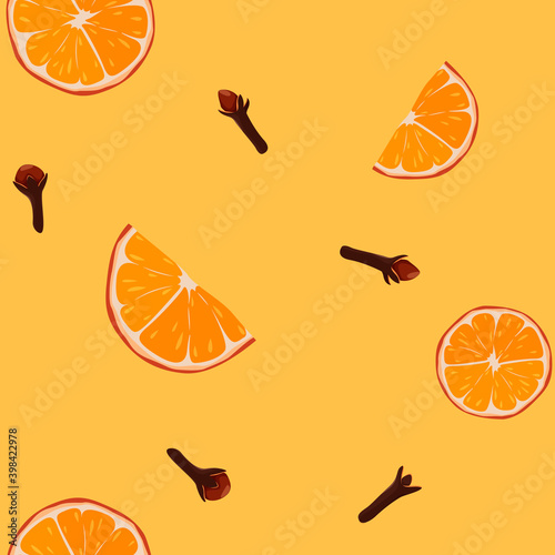 Seamless pattern with orange slices and cloves spice. Ingredients for winter warming drinks - spiced tea, mulled wine.