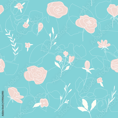 Floral vector seamless pattern with flowers, berries, leaves and twigs. Beautiful hand drawn bouquets in pastel colors in vintage style.