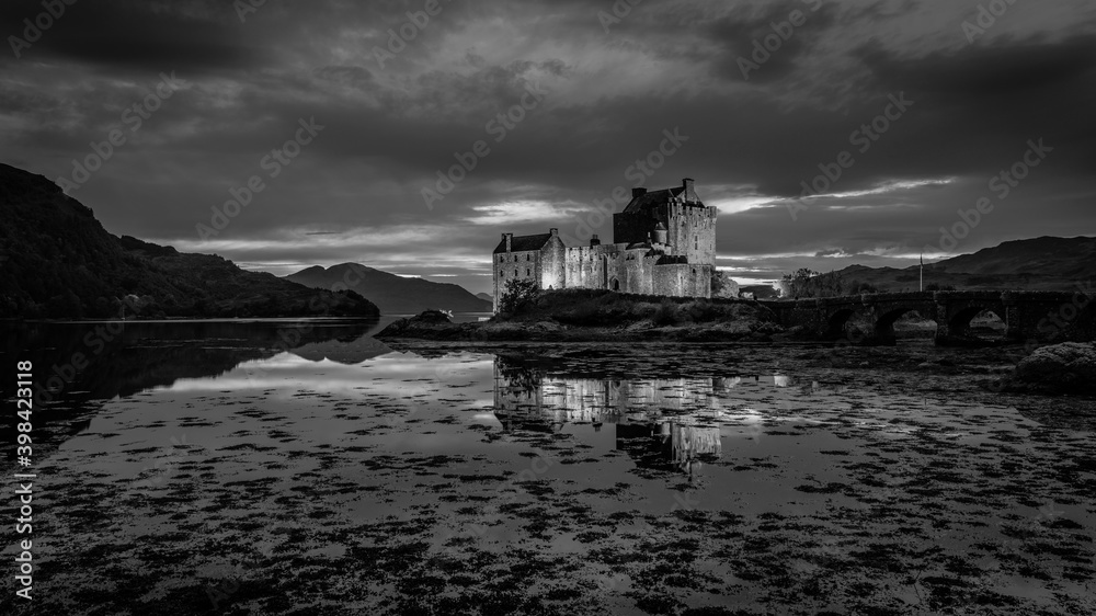 Kyle of Lochalsh, Scottish Highlands, Scotland, UK - A photograph of the famous Eilean Donan castle. Probably the most photographed castle in Scotland. pictured here taken in the black and white