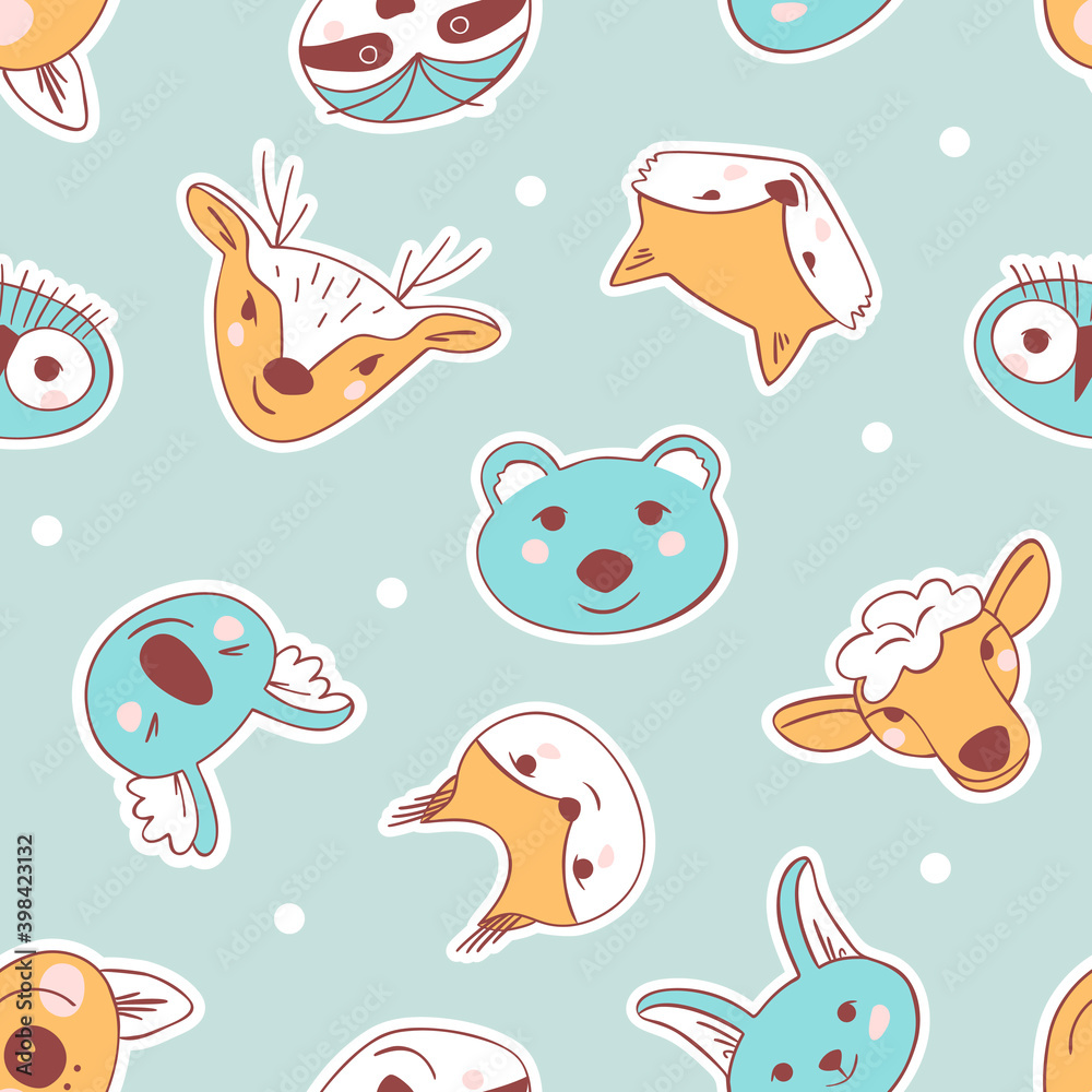 Simple animal portraits seamless pattern - bear, squirrel, hare, fox, owl, deer, sloth, koala, pig, sheep. Simple drawings of animals for the design of children's fabric. Flat Vector illustration
