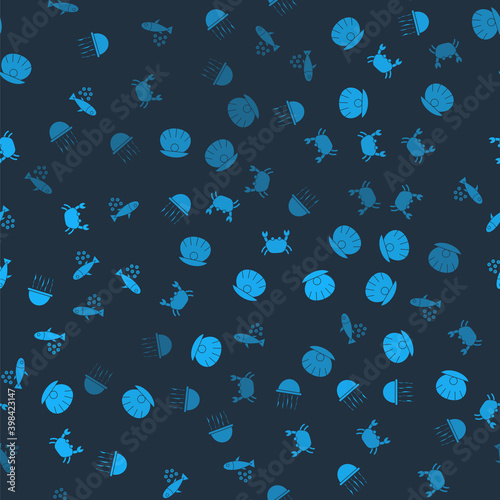 Set Jellyfish, Shell with pearl, Crab and Fish caviar on seamless pattern. Vector.