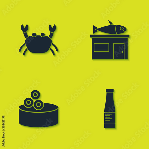 Set Crab, Sauce bottle, Tin can with caviar and Seafood store icon. Vector.