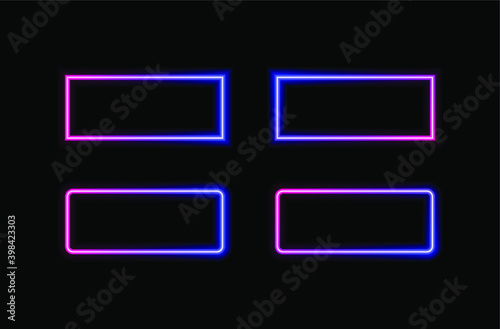 Vector Neon Frames Set Isolated on Black Background, Gradient Bright Ultraviolet Light, Rectangular Shapes, Sharp and Round Corners. 