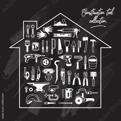 Construction tool collection. Icons set. Chalkboard.