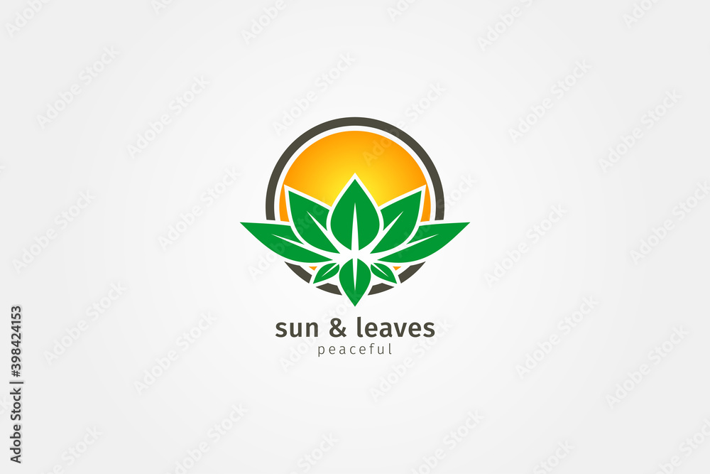 sun and leaves peaceful logo for spa, yoga community, village, cottage, natural health care product sun and leaves peaceful logo for spa, yoga community, village, cottage, natural health care product