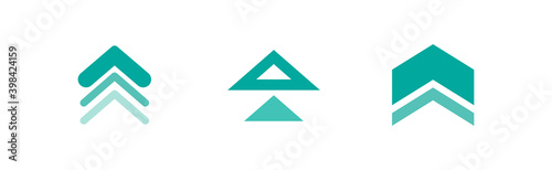 three blue squared arrows up icon. swipe up buttons set. Isolated on white.