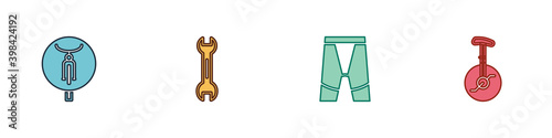 Set Bicycle, Wrench spanner, Cycling shorts and Unicycle one wheel bicycle icon. Vector.