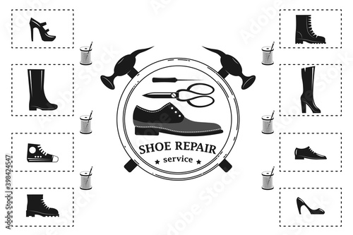 Shoe repair service. Vector image of logo. Trendy concept in old retro style