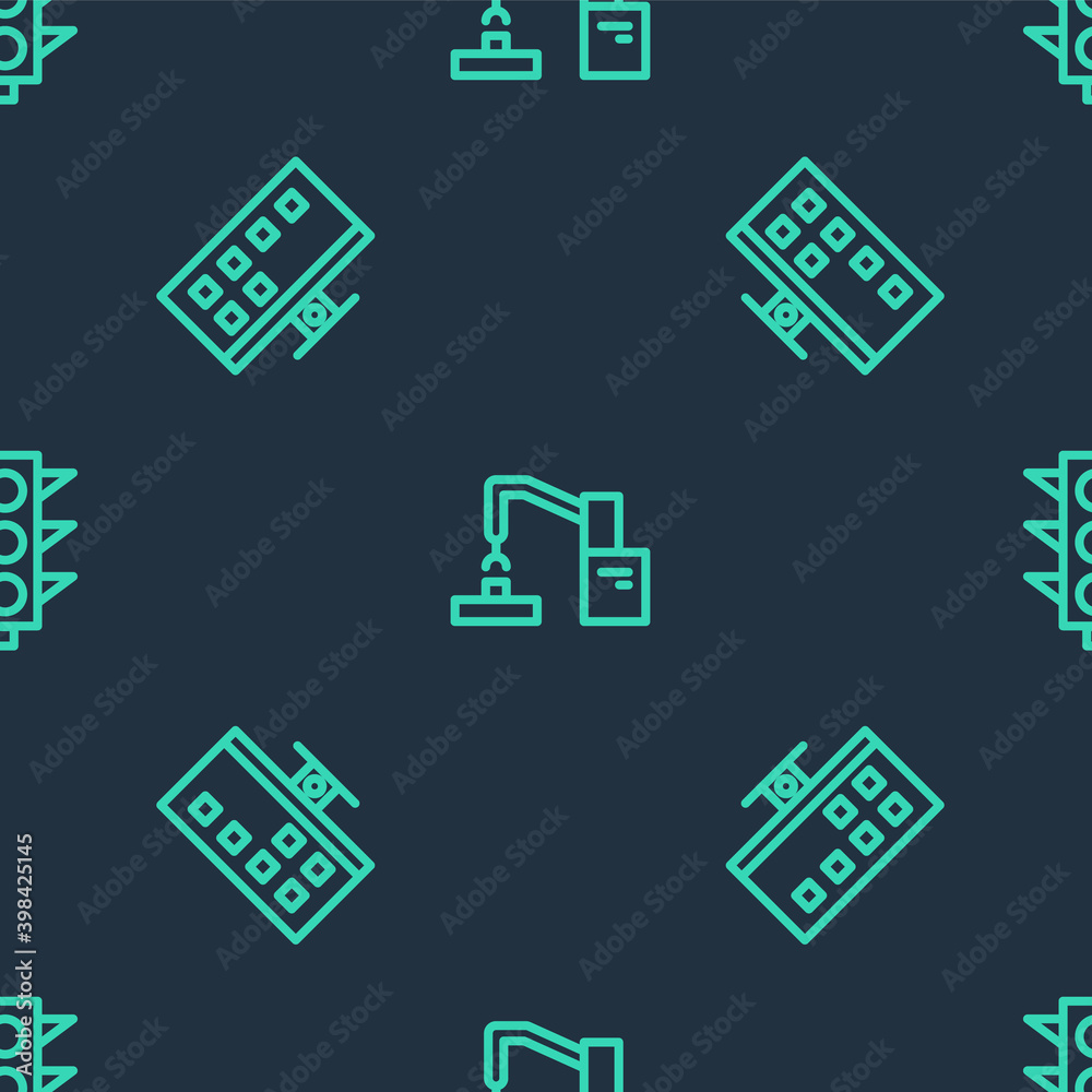 Set line Robotic robot arm hand factory, Smart Tv and Traffic light on seamless pattern. Vector. Set line Robotic robot arm hand factory, Smart Tv and Traffic light on seamless pattern. Vector.