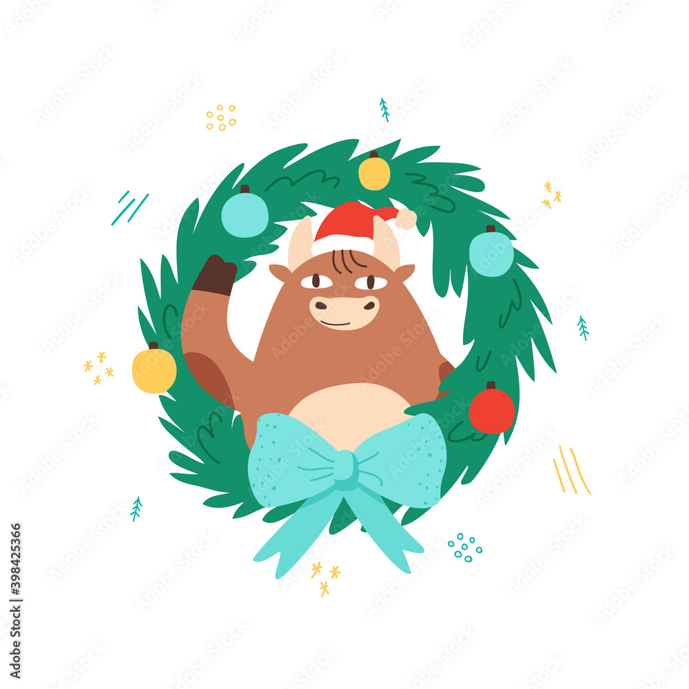 Cute funny cow, bull or ox and christmas wreath. Merry Christmas and happy new year 2021. The year of the ox. The male cow and bull wear red santa costume. Animal holidays cartoon character. Vector