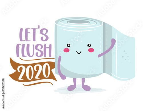 Let's flush 2020 - Funny toilet paper in kawaii style. Coronavirus covid-19 funny character Xmas greeting cards, invitations. For ugly Christmas sweaters, t-shirt, mug, gift, holiday. 2021 new year.