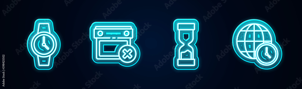Set line Wrist watch, Calendar date delete, Old hourglass and World time. Glowing neon icon. Vector. Set line Wrist watch, Calendar date delete, Old hourglass and World time. Glowing neon icon. Vector.