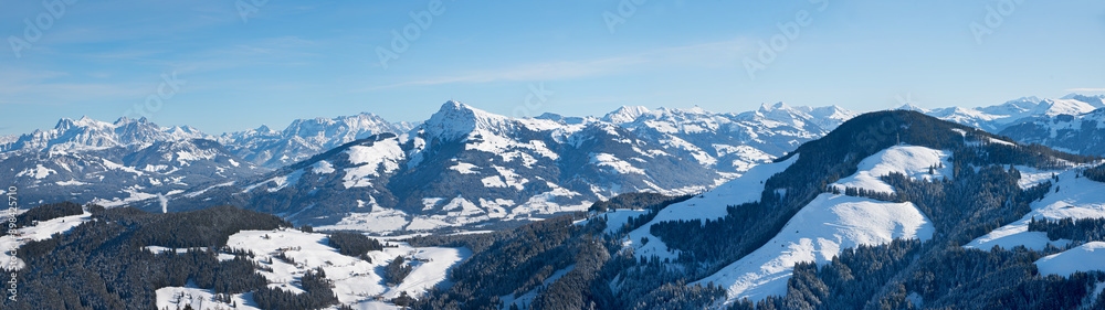 alpine winter landscape - panorama view from Hartkaiser mountain, famous austrian ski resort Wilder Kaiser