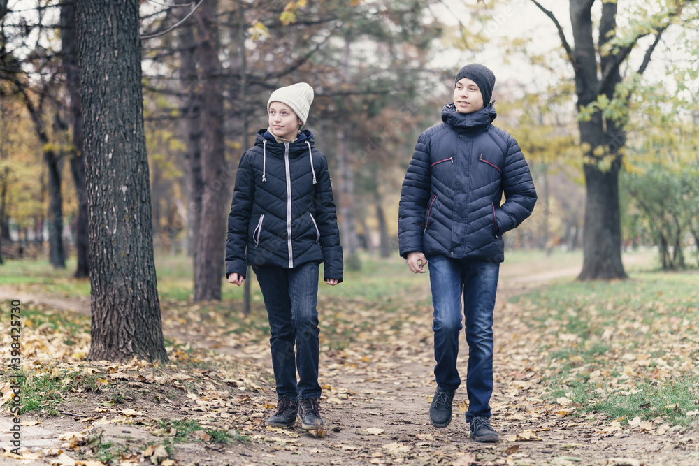 Fototapeta premium teen girl and boy walking through the park and enjoys autumn, beautiful nature with yellow leaves