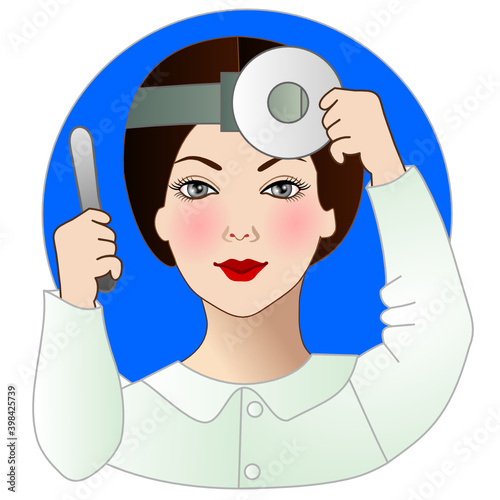 emoji with woman ENT or ear, nose and throat medical doctor prepares her head mirror device to examine and diagnose patient, simple hand drawn emoticon
