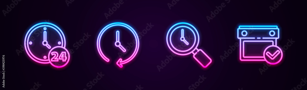 Set line Clock 24 hours, , Magnifying glass with clock and Calendar check mark. Glowing neon icon. Vector. Set line Clock 24 hours, , Magnifying glass with clock and Calendar check mark. Glowing neon icon. Vector.