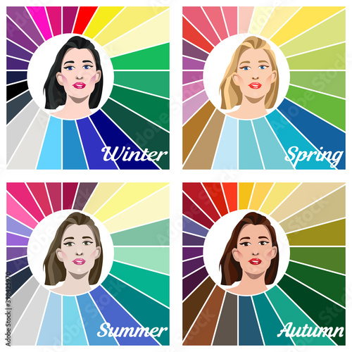 Seasonal color analysis. Set of vector women with different types of female appearance. Best colors for Autumn, Spring, Summer, Winter
