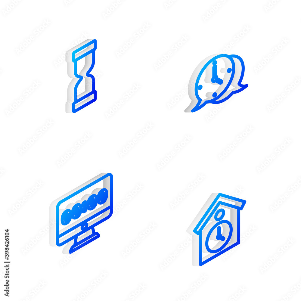 Set Isometric line Clock speech bubble, Old hourglass, on monitor and Retro wall watch icon. Vector.