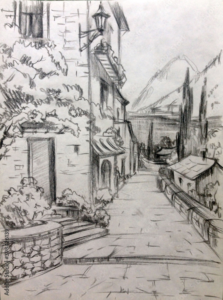 Obraz premium Drawing of architectural structures of the old city executed from life . Historical building on the embankment of the seaside . Cityscape sketch handmade