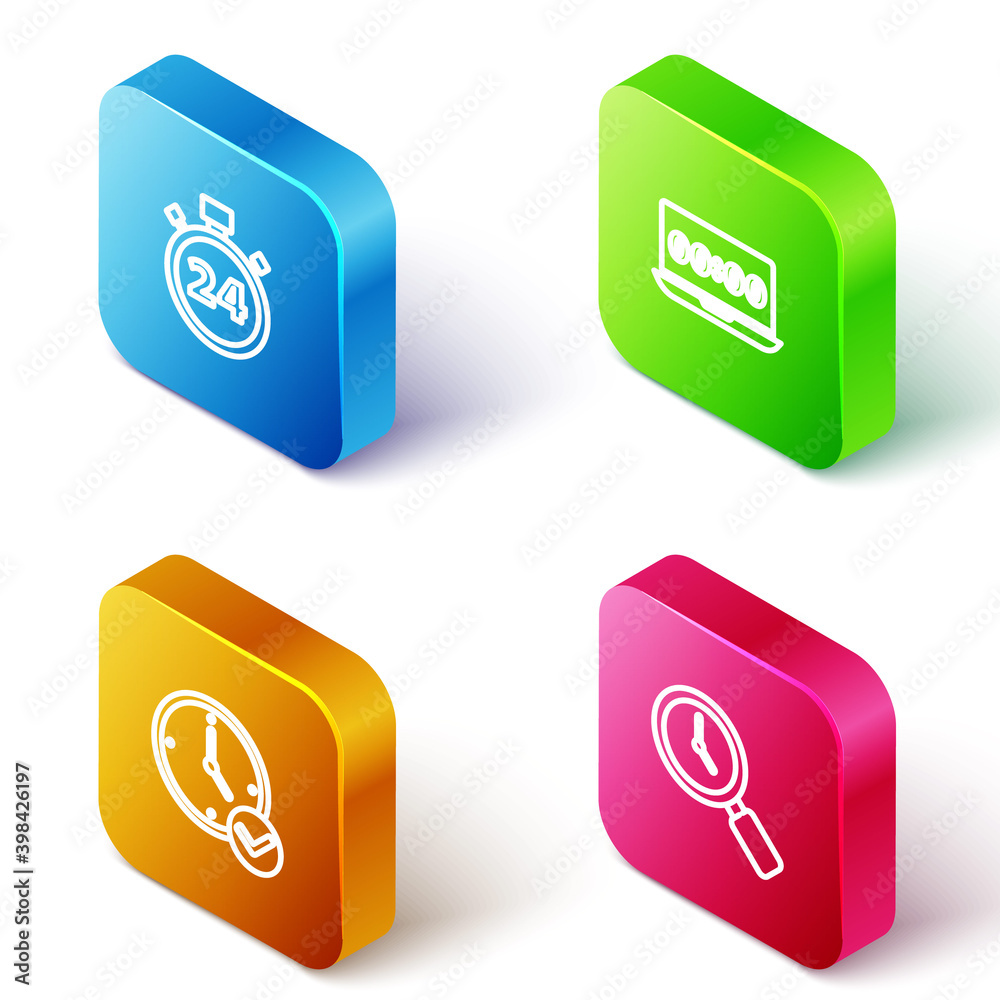Set Isometric line Stopwatch 24 hours, Clock on laptop, and Magnifying glass with clock icon. Vector. Set Isometric line Stopwatch 24 hours, Clock on laptop, and Magnifying glass with clock icon. Vector.