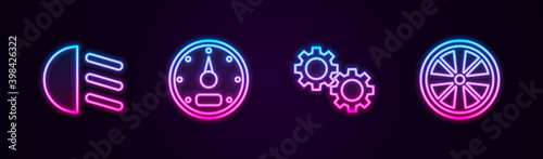Set line High beam, Speedometer, Gear and Alloy wheel. Glowing neon icon. Vector.
