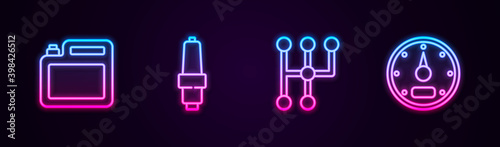 Set line Canister for motor oil, Car spark plug, Gear shifter and Speedometer. Glowing neon icon. Vector.