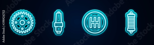 Set line Gear, Car spark plug, shifter and Shock absorber. Glowing neon icon. Vector.