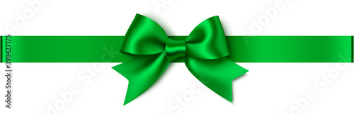 Decorative green bow with horizontal ribbon isolated on white background. Christmas or New Year decoration. Vector stock illustration. 