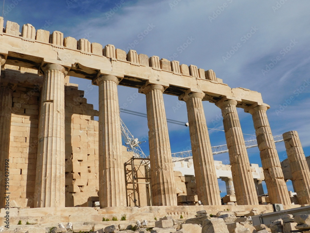 View of the Parthenon, the ancient temple of goddess Athena, under restoration, in Athens, Greece