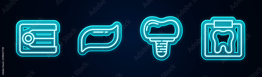 Set line Dentures model, Toothpaste, Dental implant and X-ray of tooth. Glowing neon icon. Vector. Set line Dentures model, Toothpaste, Dental implant and X-ray of tooth. Glowing neon icon. Vector.