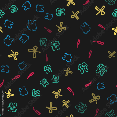 Set line Broken tooth, Teeth with braces, Dental inspection mirror and explorer scaler on seamless pattern. Vector.