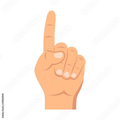 Counting fingers - number one. The index finger pointing up. Communication gestures concept. Vector illustration.