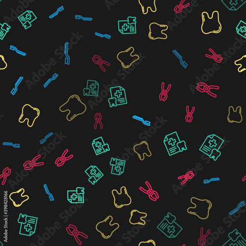 Set line Toothbrush, Dental card, and pliers on seamless pattern. Vector.