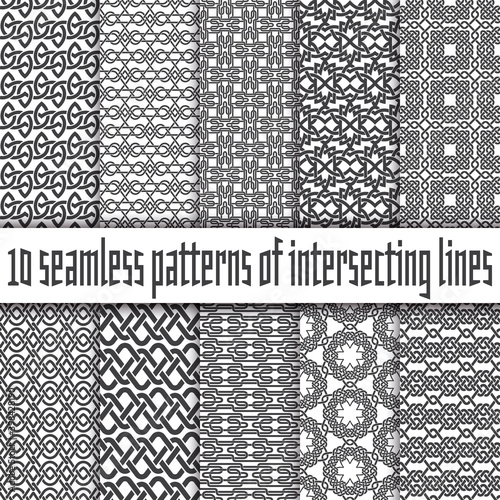 Vector set of abstract seamless patterns. Ten swatches of black lines on white backgrounds.