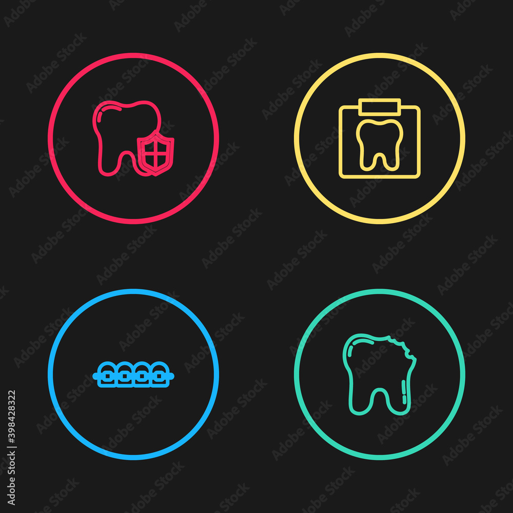 Set line Teeth with braces, Broken tooth, X-ray of and Dental protection icon. Vector. Set line Teeth with braces, Broken tooth, X-ray of and Dental protection icon. Vector.