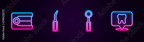 Set line Dentures model, Dental explorer scaler, inspection mirror and clinic location. Glowing neon icon. Vector.