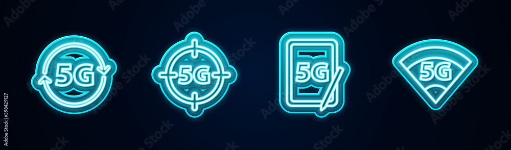 Set line 5G network, , Graphic tablet with and . Glowing neon icon. Vector. Set line 5G network, , Graphic tablet with and . Glowing neon icon. Vector.